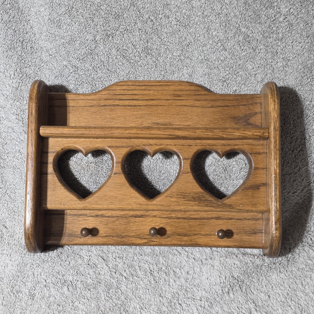 Vintage Handmade Solid Wood Cottagecore Hearts Cutout Wall Hanging Shelf W/ Pegs